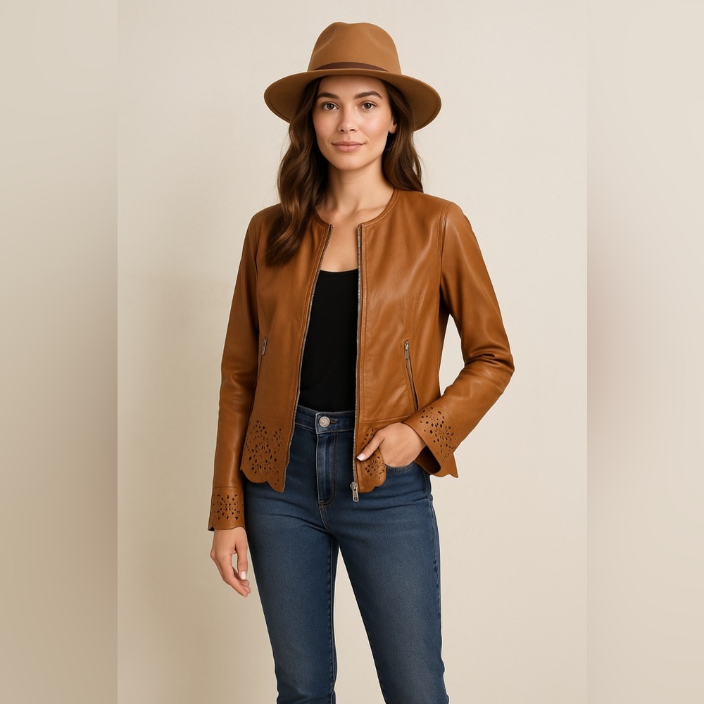 TORRAS Laser-Cut Leather Jacket Tan/Cognac EU 44 US L 12–14 Scalloped Hem Moto